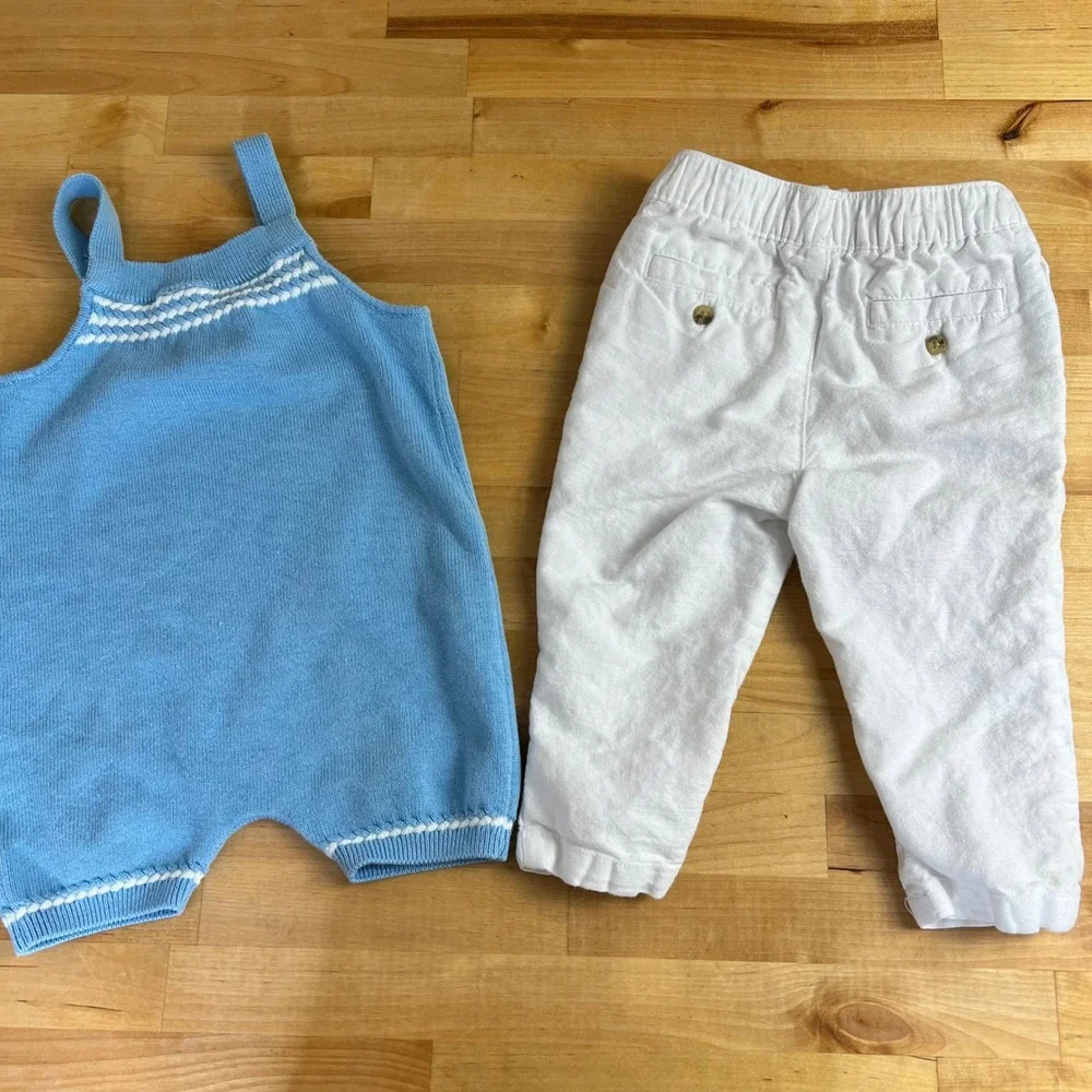 Janie and Jack Bundle Knit Romper‎ Linen Pants Baby Size 12-18 Months Blue White